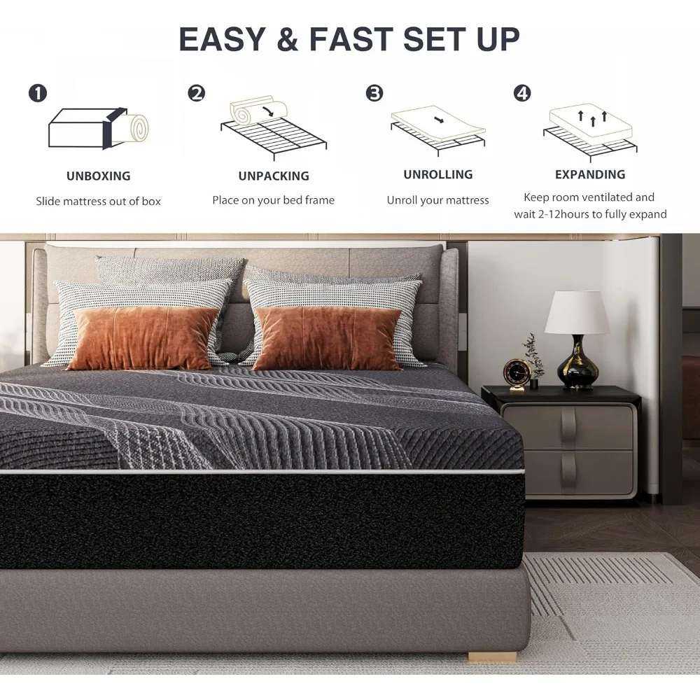 12 Inch Charcoal Memory Foam Mattress in a Box, CertiPUR-US Certified, Fiberglass Free, Cooling Gel Double Mattress 6