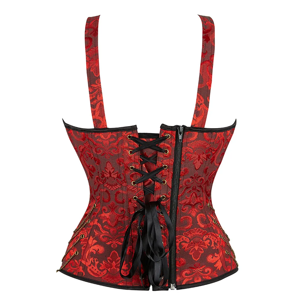 Women Corset with Straps Overbust Bustier Vest Plus Size Floral Jacquard Corsets Zipper Top Gothic Steampunk Corselet