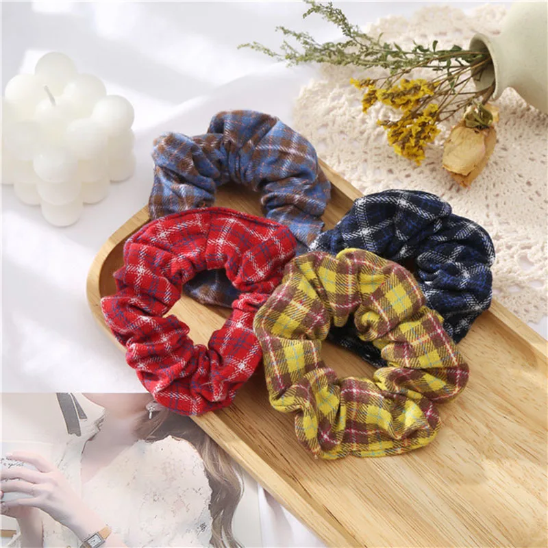 Promotional comfortable soft plaid large intestine kids hair tie retro simple hairbands