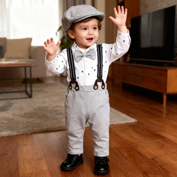 2025 Infant Formal Sets Children Outfits Baby Boys Clothes Bow Tie Shirt Romper +Pants +Hat Newborn Dress Gentleman Party Suit 1