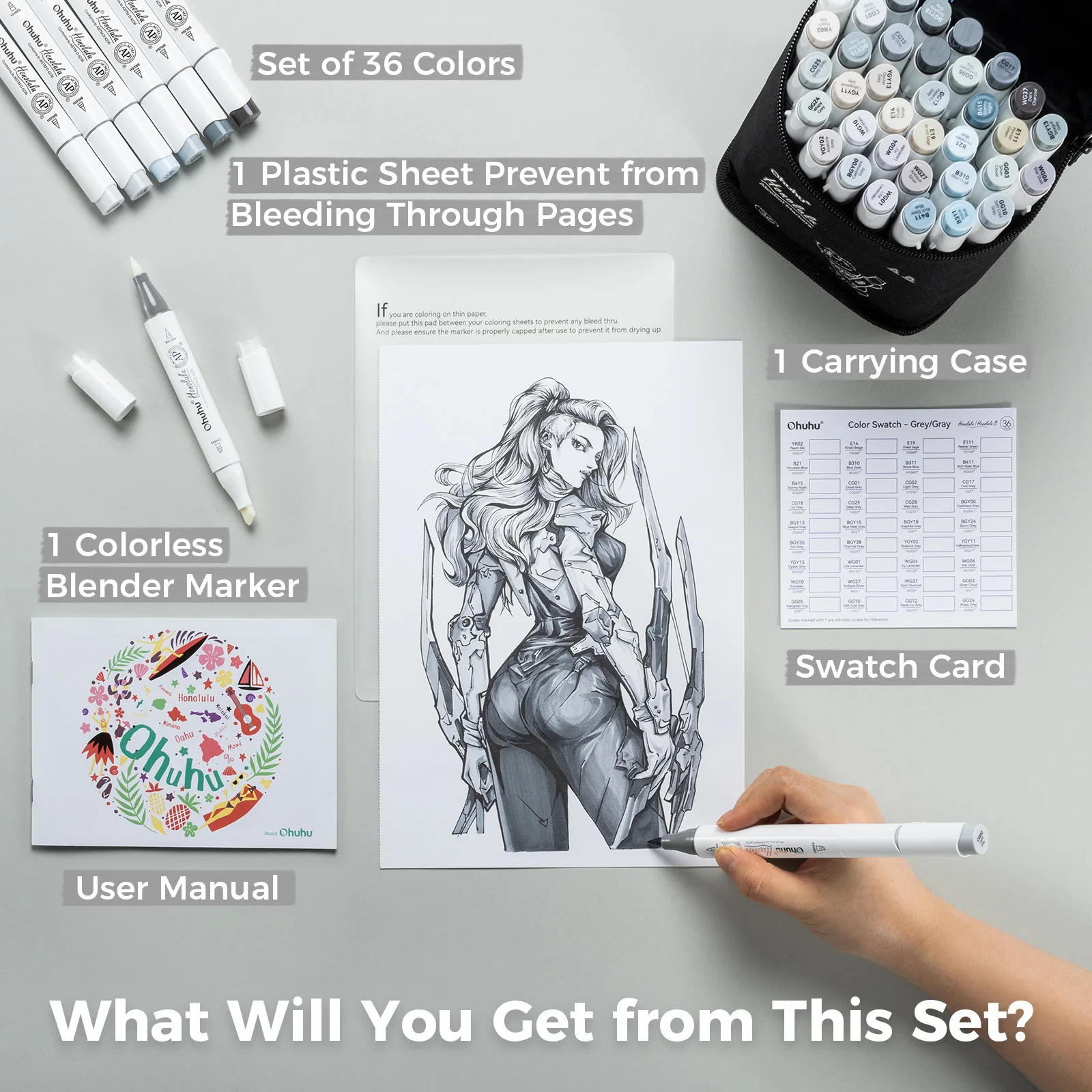 Ohuhu ホノルル 36色 グレー マーカーペンセット アルコールマーカー