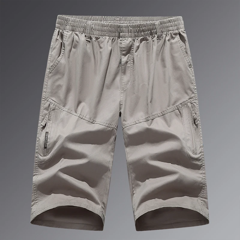 Simplicity Comfortable Summer Men's Solid Color Pockets Elastic Waist Cargo Pants Fashion Versatile Loose Calf Length Shorts