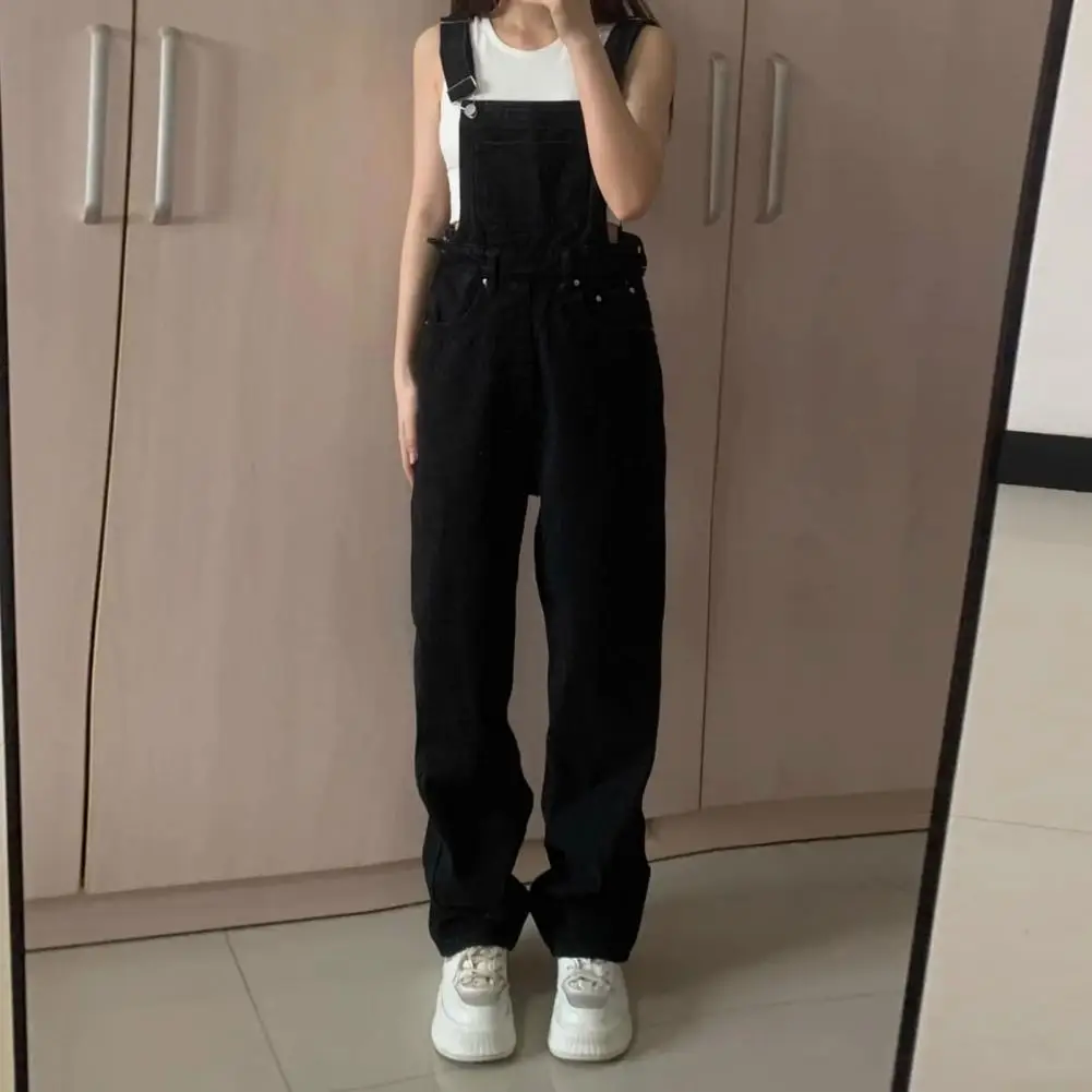 

Stretchy Jumpsuit Vintage Jumpsuit Loose Fit High Waist Straight Wide Leg Preppy Style Overalls with Pockets for Women Women