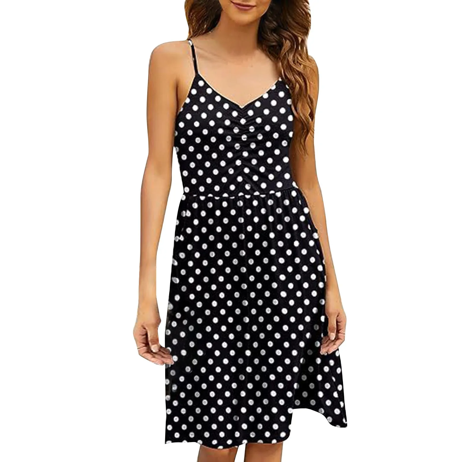 

Summer Women's Dress Sexy V-neck Suspender Polka Dot Print A-line Dress Elegant Sleeveless Fashion V-Neck vestidos femenino