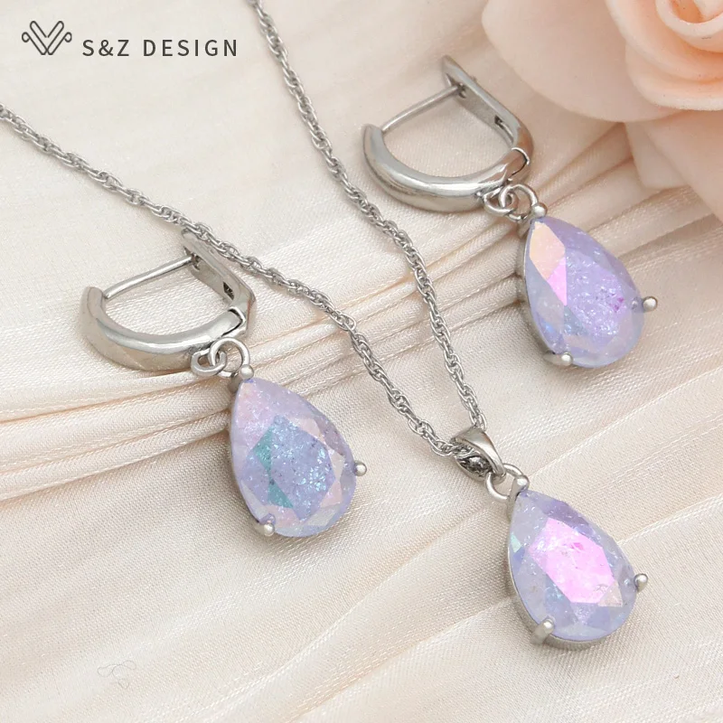 S&Z DESIGN New Fashion Water Drop Crystal 585 Rose Gold Color Dangle Earrings Jewelry Sets For Women Trendy Pendant Necklace