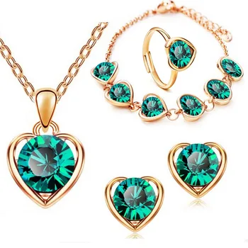 Fashion Bridal Wedding Jewelry Set Gorgeous Crystal Heart Necklace Rings Earrings Bracelet Women Anniversary Birthday Gifts