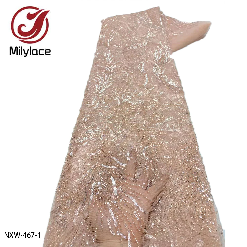 

2022 Luxury Beaded Lace Fabric High Qualit Handmade Tulle Mesh Sequins Lace Fabrics Nigerian Lace Fabric for Wedding NXW-467