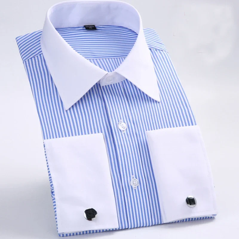 

Autumn and Winter 2023 Men's Luxury Wrinkle resistant Slim fitting Solid Stripe Comfort New French Cufflinks Non iron Shirt Nail