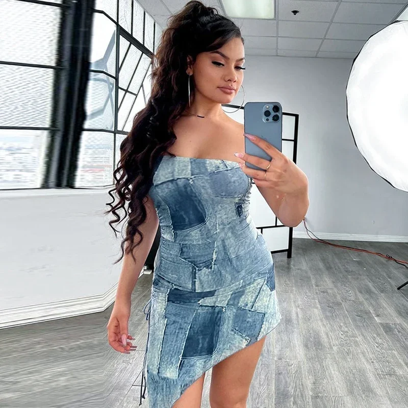 

Sexy Women Denim Printed Shirring Dress Sleeveless Off Shoulder Bodycon Dress Party Lady Mini Drawstring Strapless Dress Summer