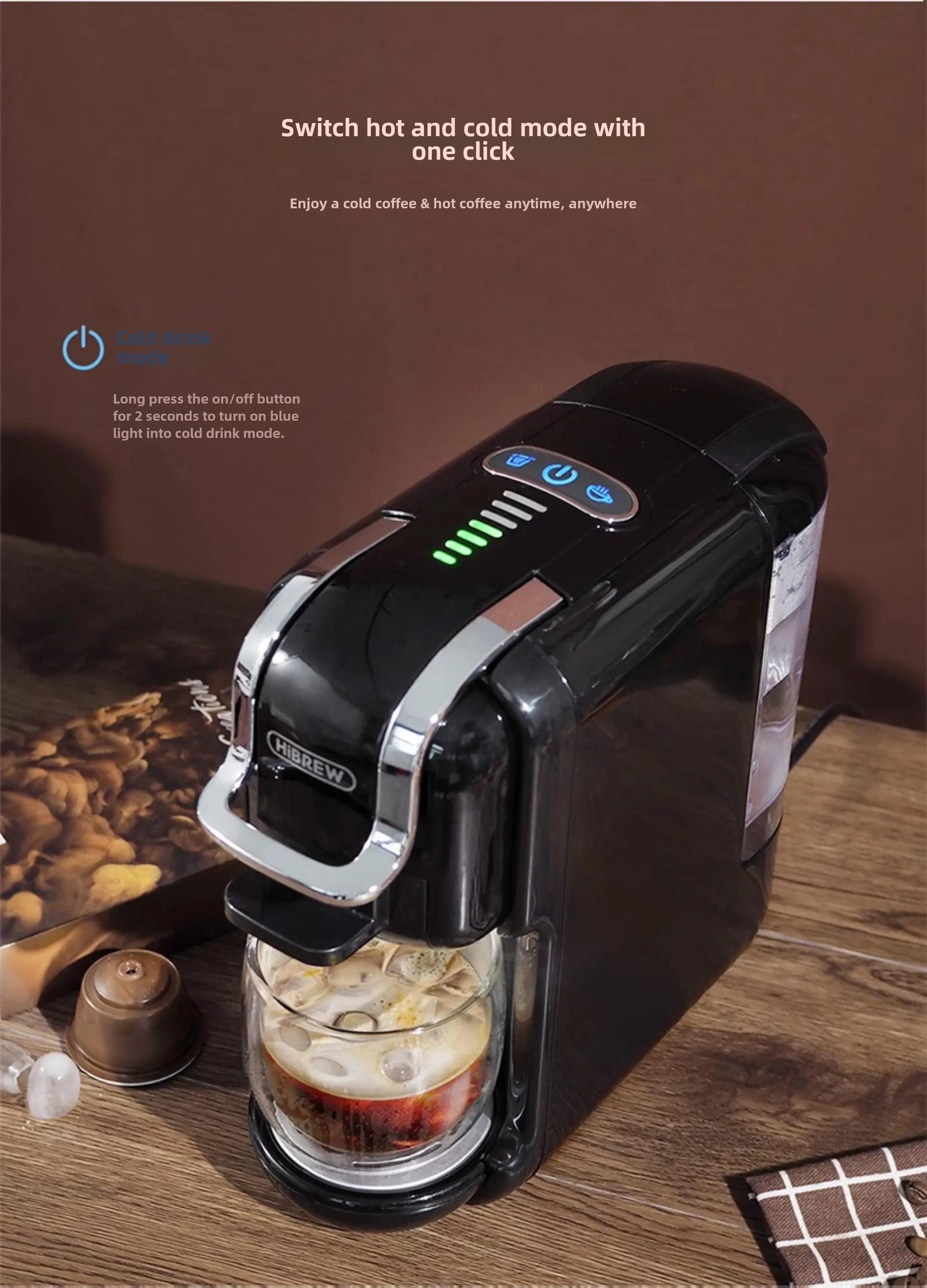 HiBREW H2B Coffee machine, Italian capsules, multi-compatible, fully automatic household small coffee powder integrated