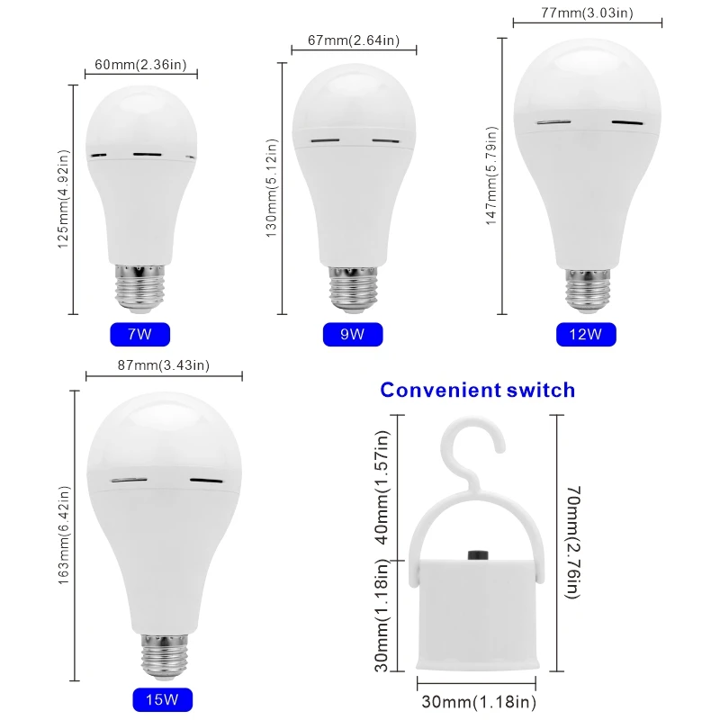 1200mAh LED 충전식 전구 7w 9w 12w 15w 85-265V 가정용 정전 비상등 캠핑 텐트 현관 정원등