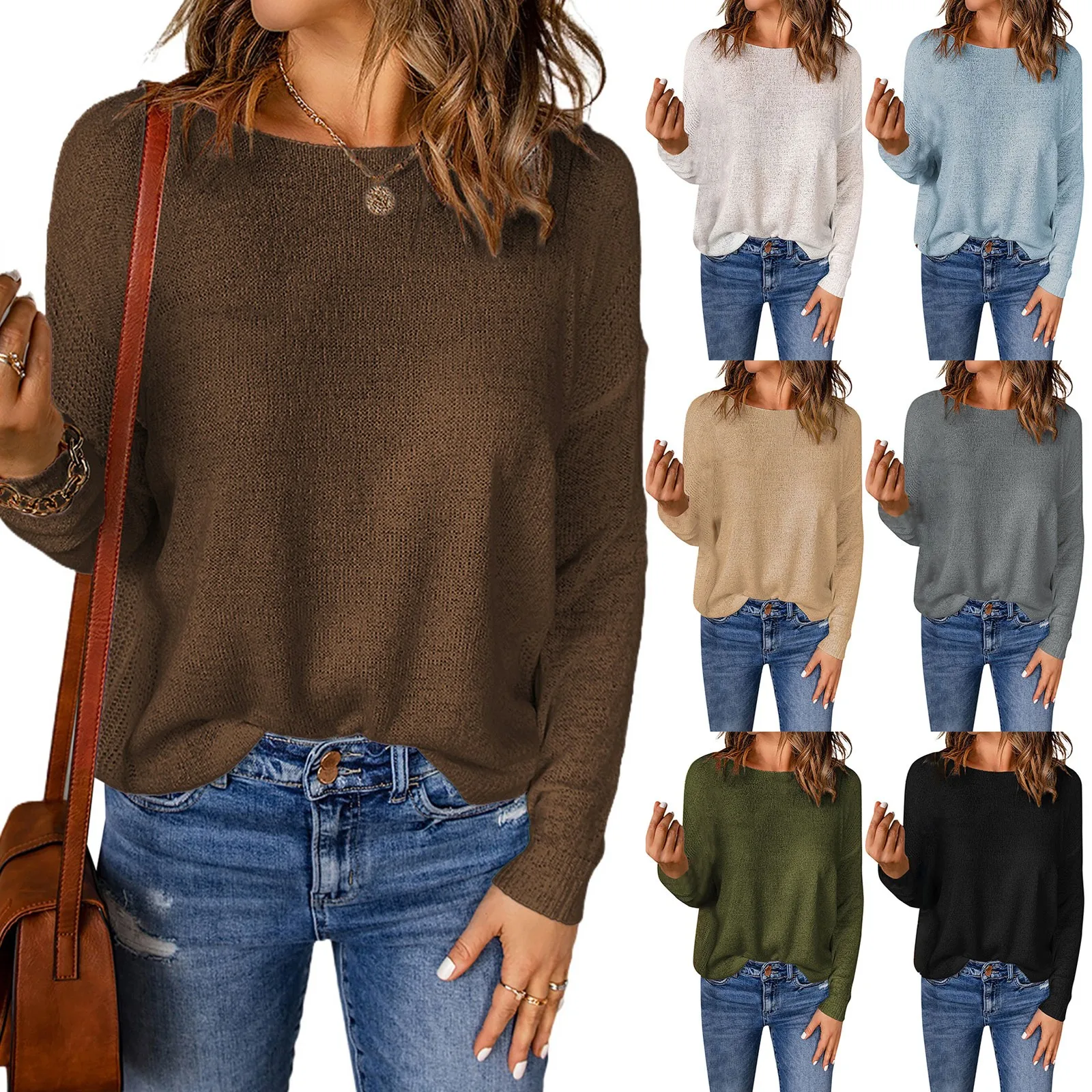 

Fashion-Forward Women Solid Long Sleeve Sweater Crewneck Drop Shoulder Knit Shirts Tops Fashion Trends 2023 Clothing Women