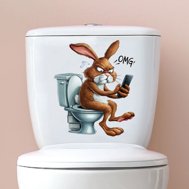 Super Funny Cartoon Animal Toilet Stickers Anime Rabbit Peter Playing Games 3D Vinyl Wall Decals Home Bathroom WC Decoration