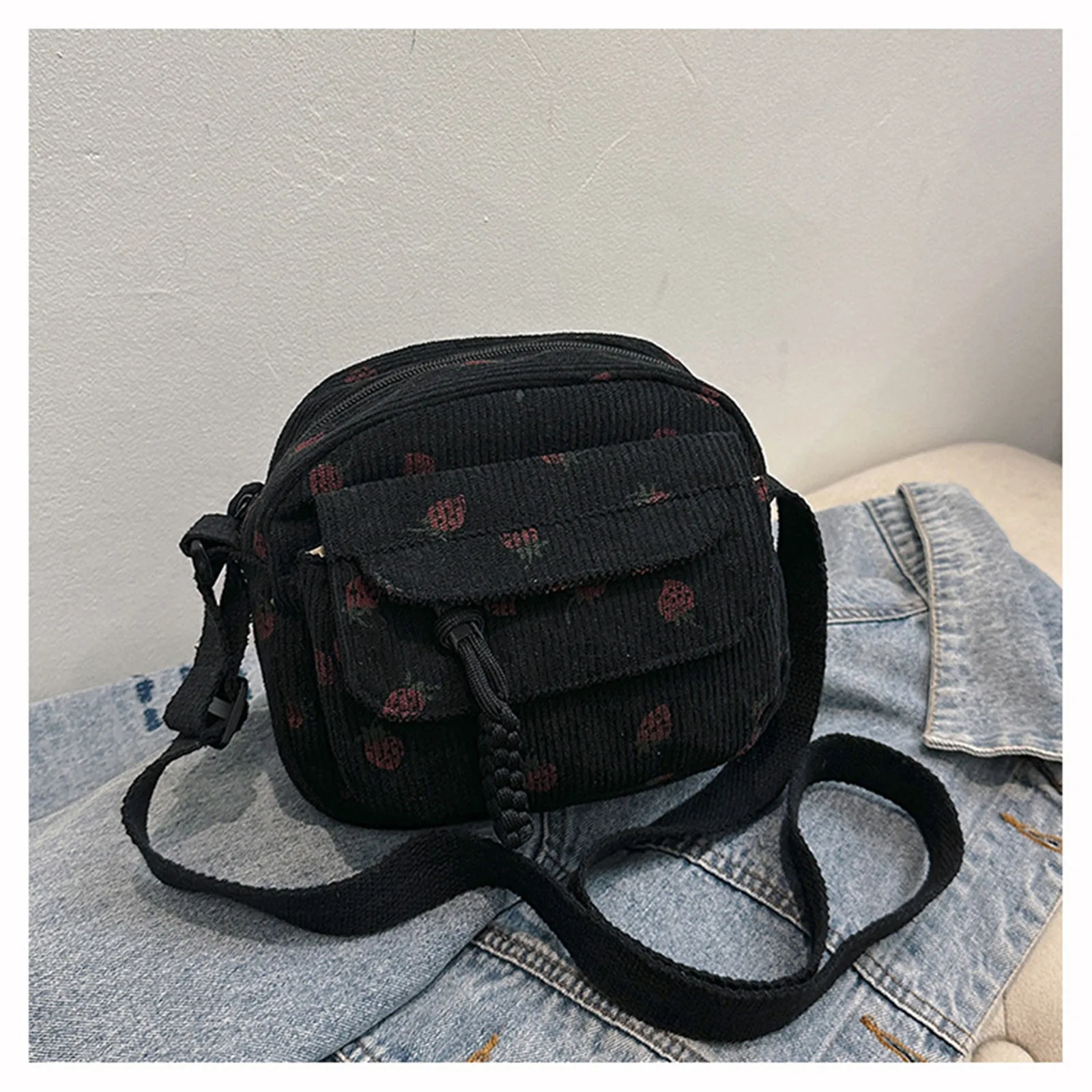 Women Corduroy Crossbody Bag Strawberry Print Multi Layer