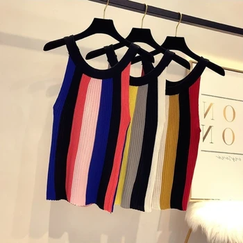 New Summer Camisole Cotton Casual Vest Sexy Women Sleeveless O-Neck Rainbow Stripe Tee Tank Tops Female Korean Tank Tops Y2K