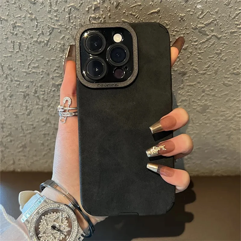 Luxury Shockproof Matte Leather Phone Case with Full Lens Protection