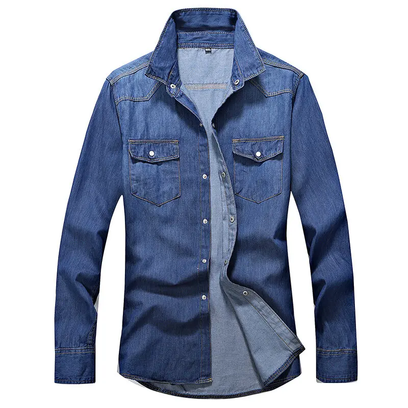 Denim Shirt Long Sleeved Shirt Spring Men Slim Fit Denim Shirts Men Casual Solid Color Long Sleeve Cotton Shirts Male Jeans Shirt Fashion Cowboy Shirt 4XL