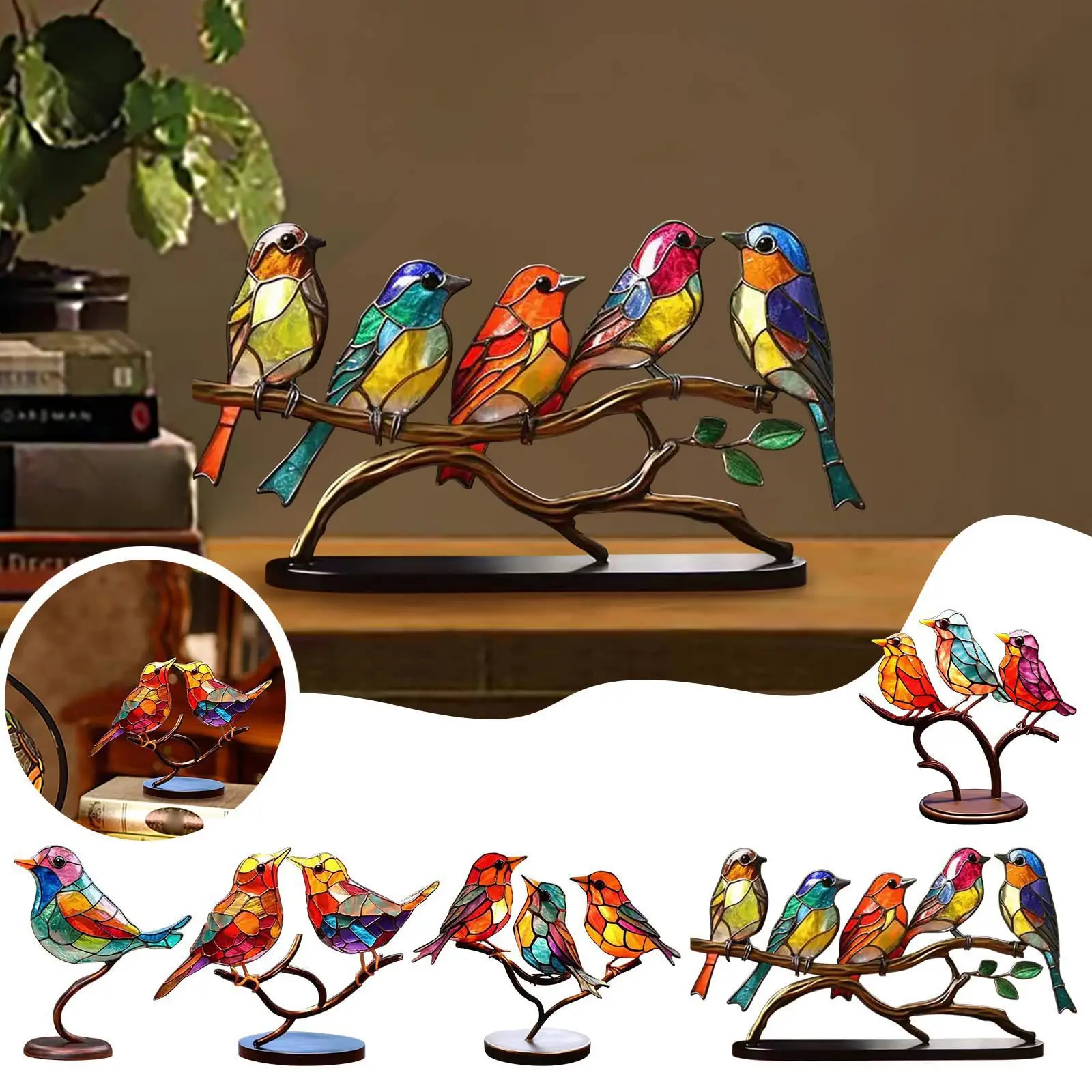 

Stained Birds on Branch Iron Double Colored Birds Decorative Figurines Desktop Ornaments Metal Hummingbird Crafts for Home Decor