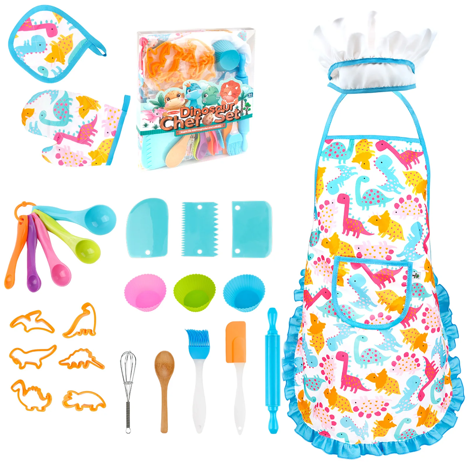 JaxoJoy Kids Cooking And Baking Set - Complete Kids Cooking Set Includes Kids Chef Hat And Apron Mitt Utensils Chef Costume For Kids Dress Up Clothes For Little Girls 3 Year Old Girls 