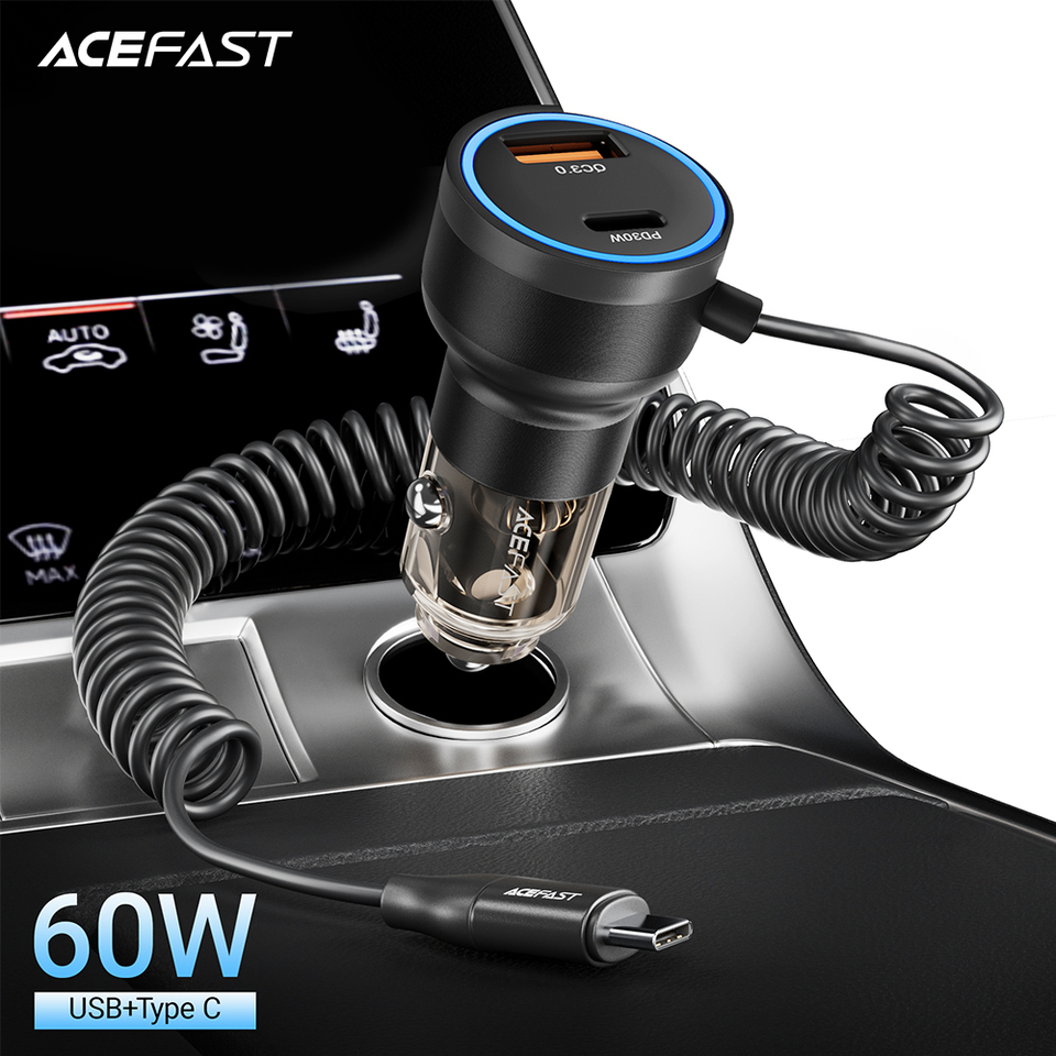 ACEFAST 60W Car Charger with USB C Spring Cable For iPhone 16/15/14 Pro Max with RGB Light Fast Charging Adapter For Samsung S25
