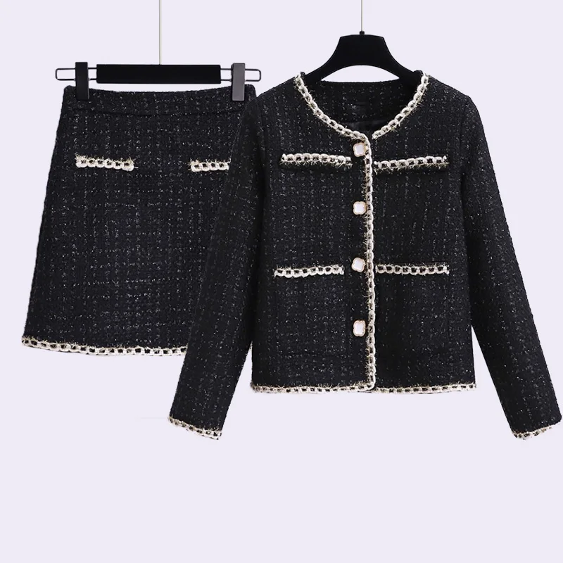 

French Small Fragrance Autumn and Winter Tweed Two Piece Plaid Ladies Short Coat + High Waist Mini Skirt Women Elegant Suit