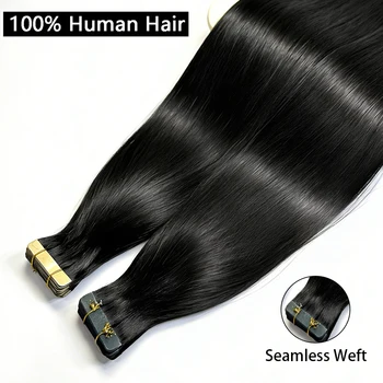 60G-360G 100% Real Tape In Hair Extensions Human Hair 22 Inch Natural Color Invisible Seamless PU Raw Straight Hair Extensions 1