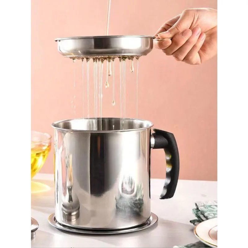 Stainless Steel Oil Dispensing Bowl with Filter Mesh&Heat-Resistant Handle-Easy-Pour Design for Kitchen Frying and Strain-Free
