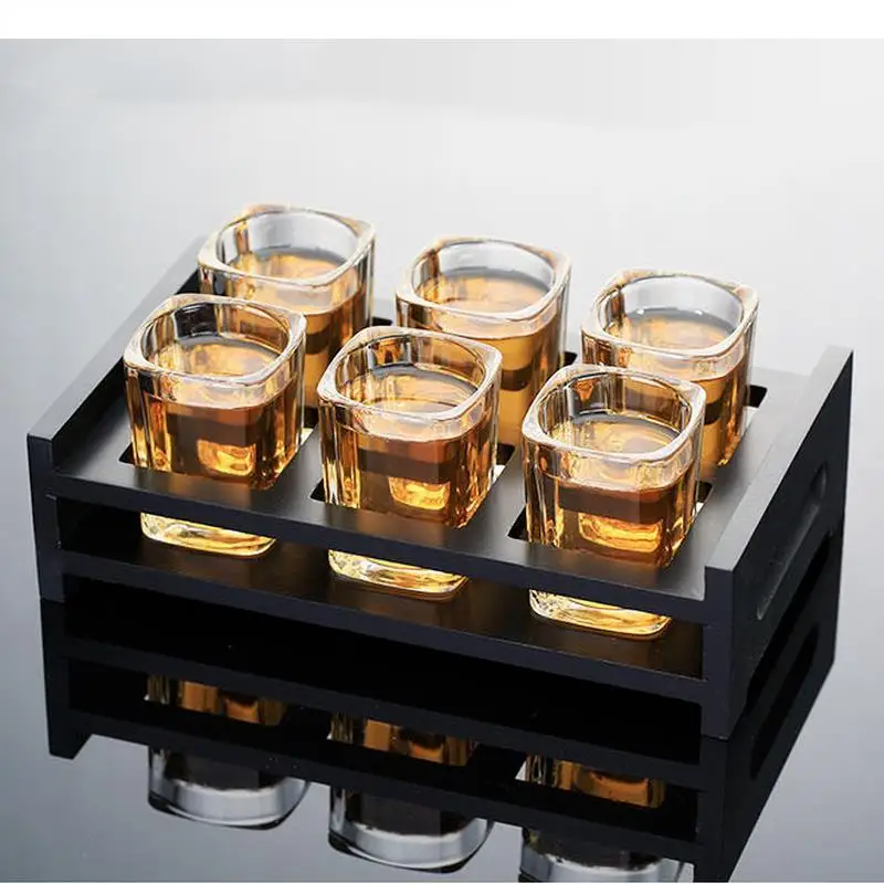 Glass Liquor Set White Wine with Wooden Cup Holder Spirit Shot Glasses Brandy Cups Drinking