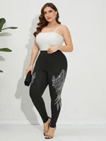 Plus Size Women's Leggings Sparkling Rhinestone Angel Wings Pattern Skinny Trousers Fashion Casual High Stretch Knit Bottoms - Image 6