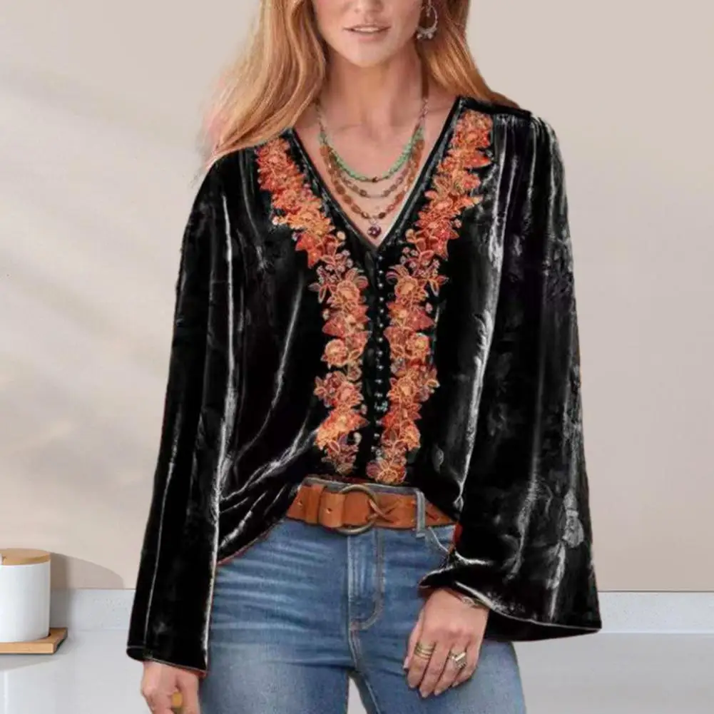 

V-neck Top Vintage Floral Embroidered V Neck Blouse for Women Soft Long Sleeve Pullover with Bead Detailing Spring Fall Top
