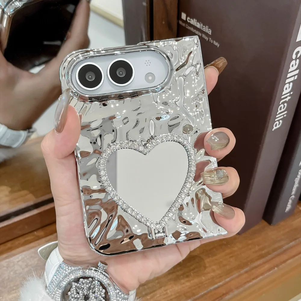 Elegant Heart Mirror Diamond Stand Case with Lanyard - Shockproof and Durable Cover