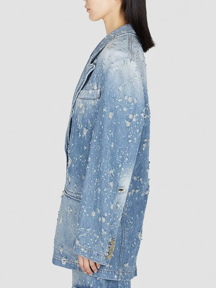 KBQ Distressed Spliced Raw Hem Denim Blazers For Women Notched Collar Long Sleeve Streetwear Blazer Female Chic Style Clothing