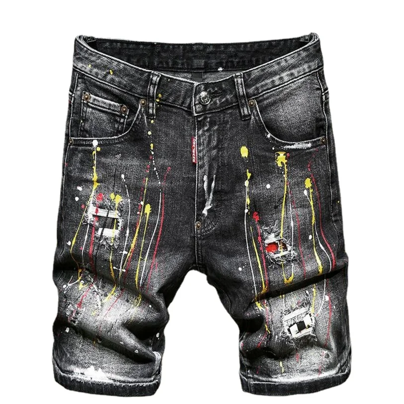

Men Summer Blue Shorts Jeans Holes Denim Shorts Paint Casual Streetwear Jeasn Shorts High Quality Men Slim Fit Stretch Jeans 38