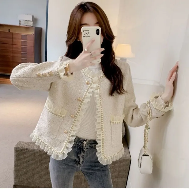 Korean Chic Tweed Jacket Women Coat Long Sleeve Vintage Mesh Patchwork Tweed Blouse Cropped Jacket Short Tops Clothes Women