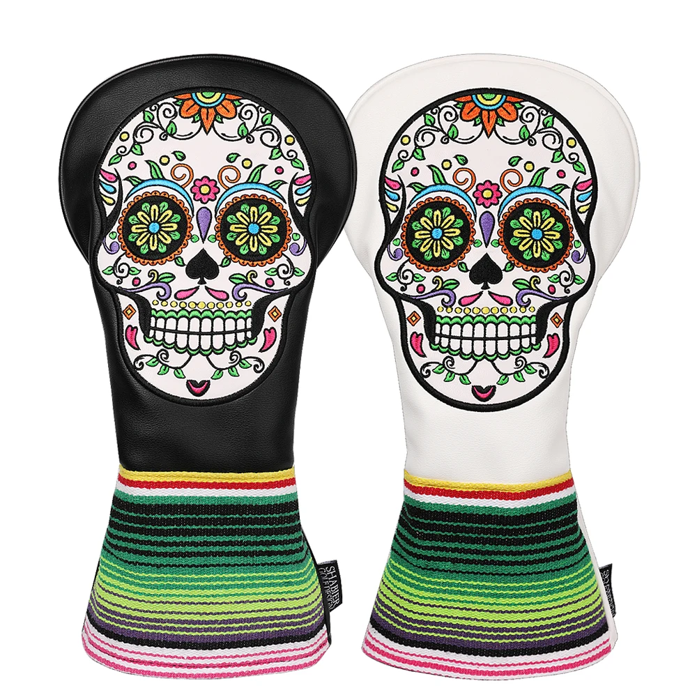 Sugar Skull  Embroidered Black White PU Faux Leather Golf Club Driver Head Cover