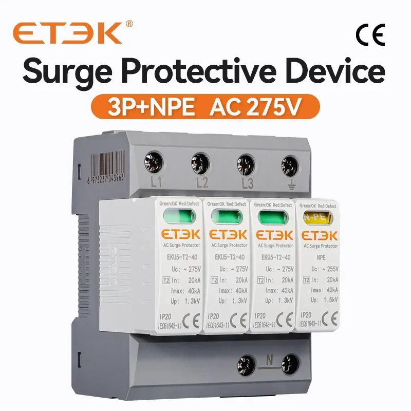 Etek House Surge Protective Device Protector Arrester Tipo Di Protezione T2 Spd Ac 4P 20Ka ~ 40Ka 3P + Npe 275V Eku5-T2-40-3Pn275
