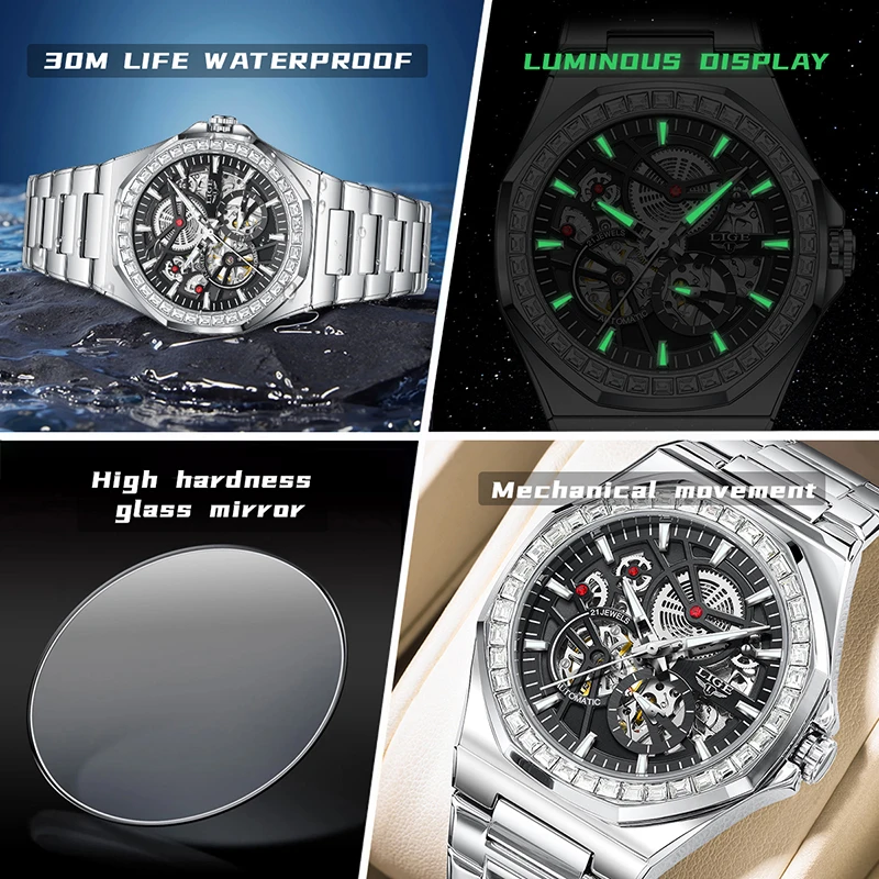 2026 LIGE New Men Watch Fashion Skeleton Waterproof Luminous Watch Men Outdoor Sports Automatic Mechanical Wrist Watches for Men