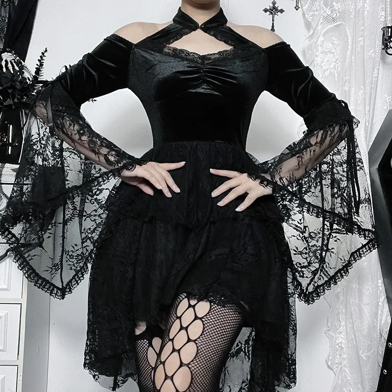 

Женское бархатное платье с воротником-стойкой Y2K Goth, винтажное облегающее платье с открытыми плечами, рюшами и длинными рукавами, с вырезом и драпировкой