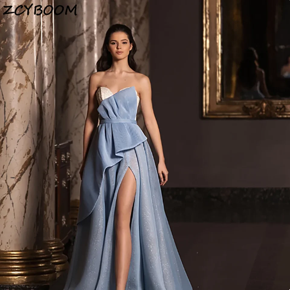 

Elegant Dusty Blue High Slit A Line Evening Gala Wedding Dresses 2024 Ruffles Strapless Formal Bridal Gowns For Plus Size Women