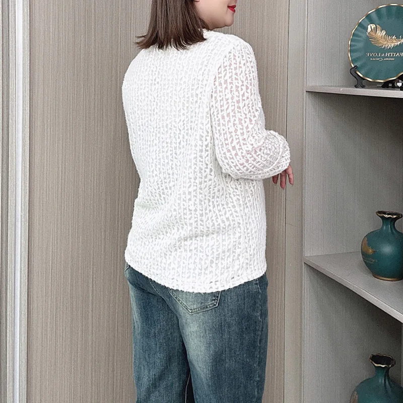 V-neck Lace Shirt for Women, Long Sleeve, Loose Blouses, New Temperament, Plus Size, Autumn and Winter, 2427