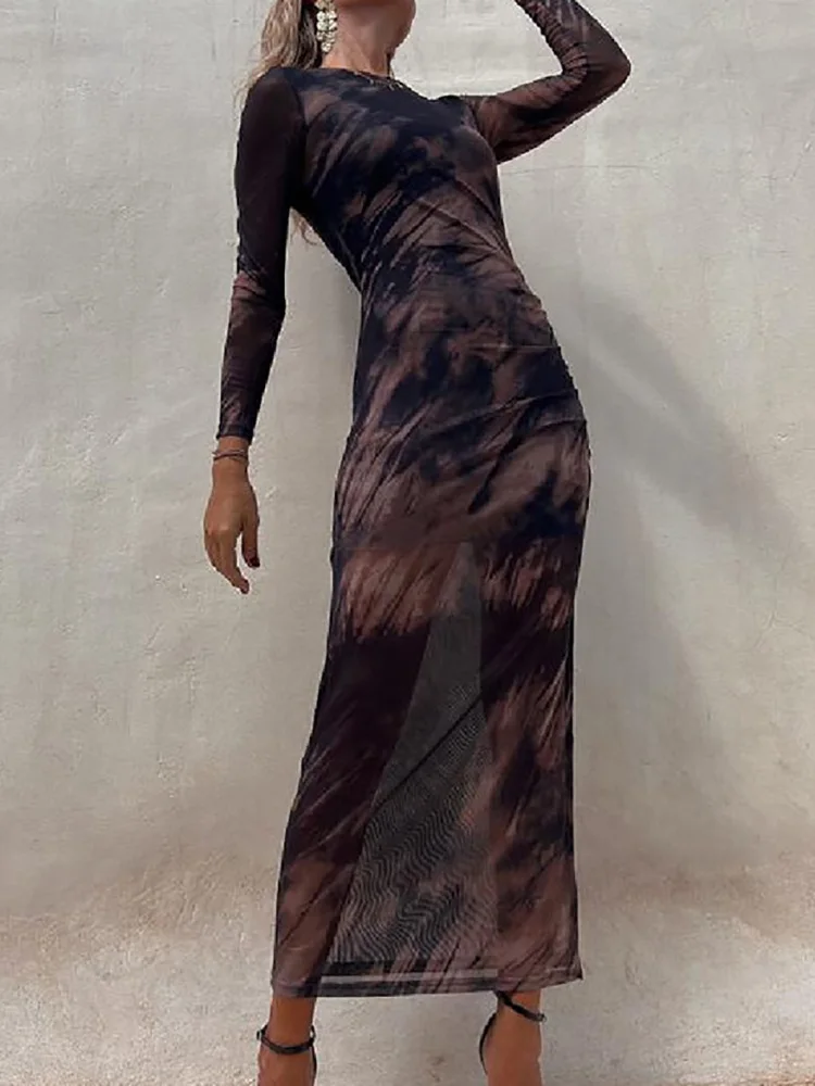 

2023 O-Neck Folds Loungewear Party Dress, Women Printing Long Sleeve Elegant Maxi Dress, Spring Summer Split Ladies Sheath Dress