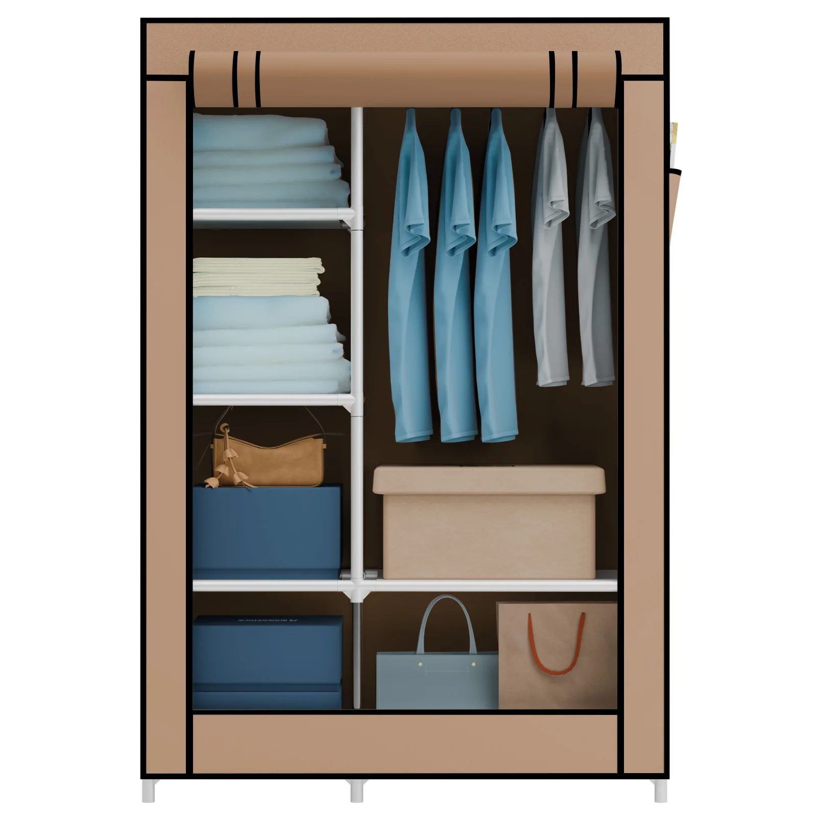 Portable Wardrobe Clothes Storage Rack Organizer Non-Woven with 6 Shelves 2 Side Pockets 12mm Steel Tube Frame for Dorm Home