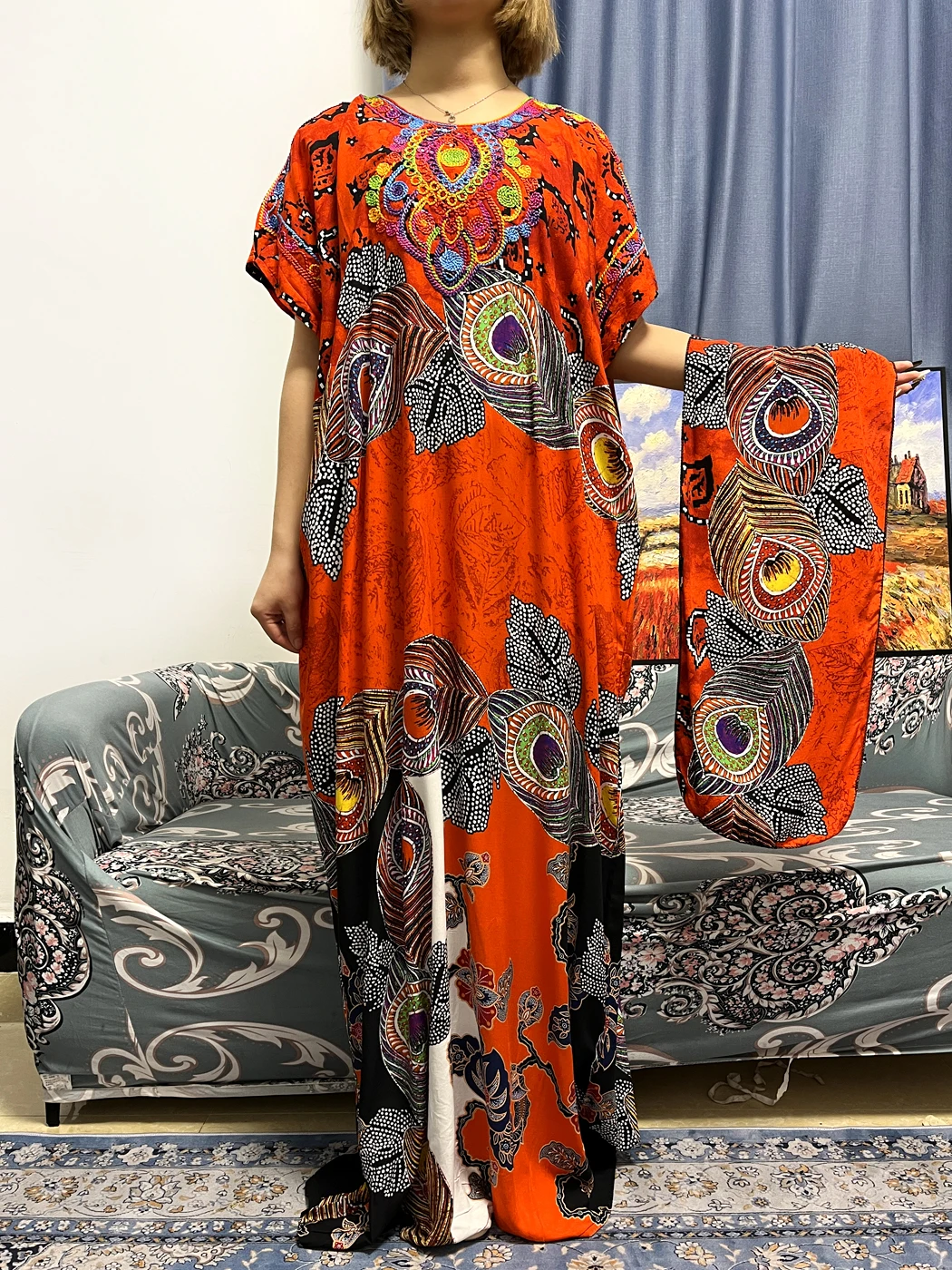 

African Cotton Abayas For Women New Print Floral Round Neck Short Sleeve Muslim Novelty Loose Clothes Nigerian With Headscarf