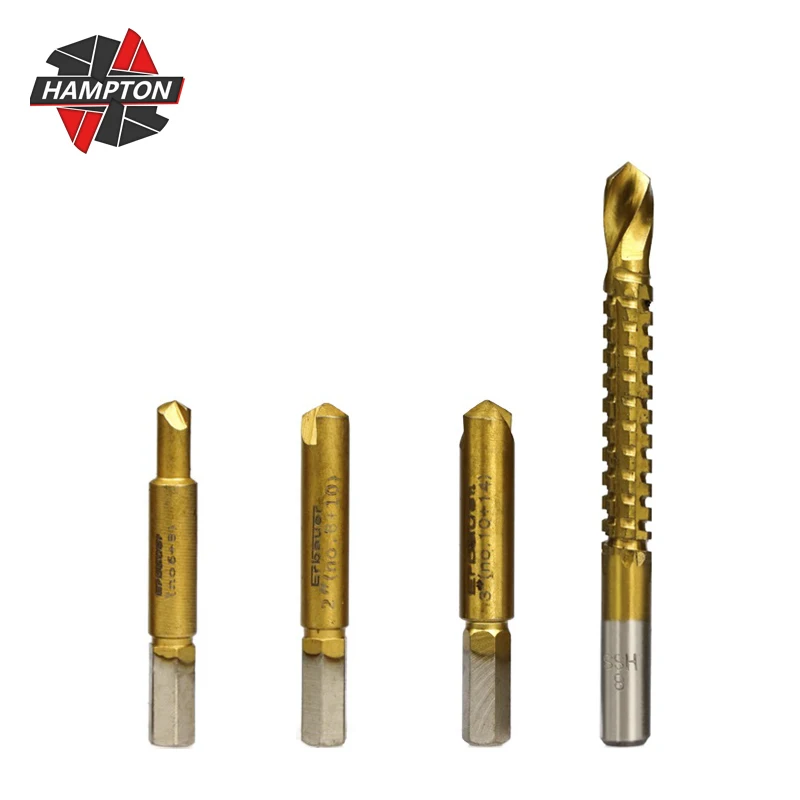 HAMPTON 4pcs Damaged Screw Extractor with Hole Saw Drill Set Broken Bolt Stud Stripped Screw Remover Tool Metal Drill Bit