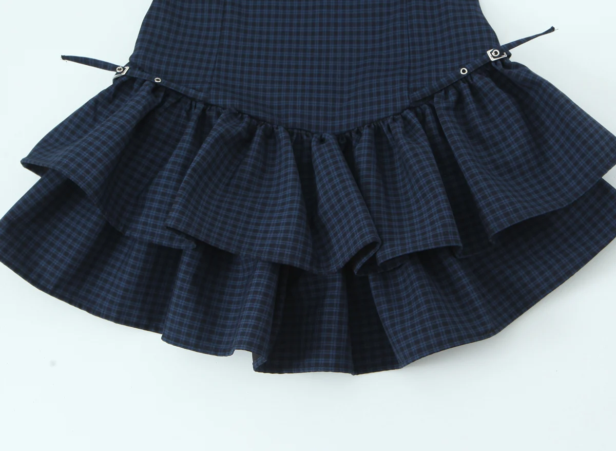 Women O-Neck Sleeveless Nipped Waist Slim Layered Ruffles Splice Fashion Elegant Plaid Hot Girl Sexy Vest Mini Female Dress