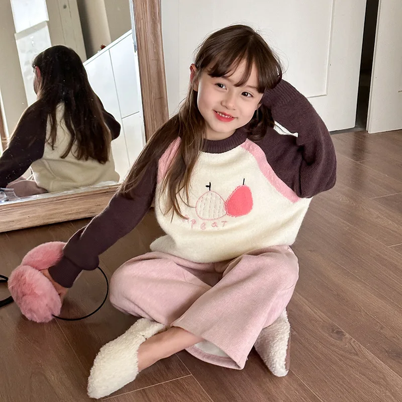 

Children Clothing Kids Cute Sweater Korean Style Shoulder Knitted Top Fashion Baby Girls Soft Cartoon Fashionable Warm Sweater