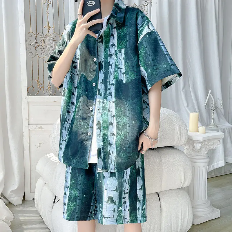 

2024 Elegant Fashion Harajuku Slim Fit Ropa Hombre Loose Casual Sport All Match Shorts Button Middle Sleeve Blusa Two Piece Set