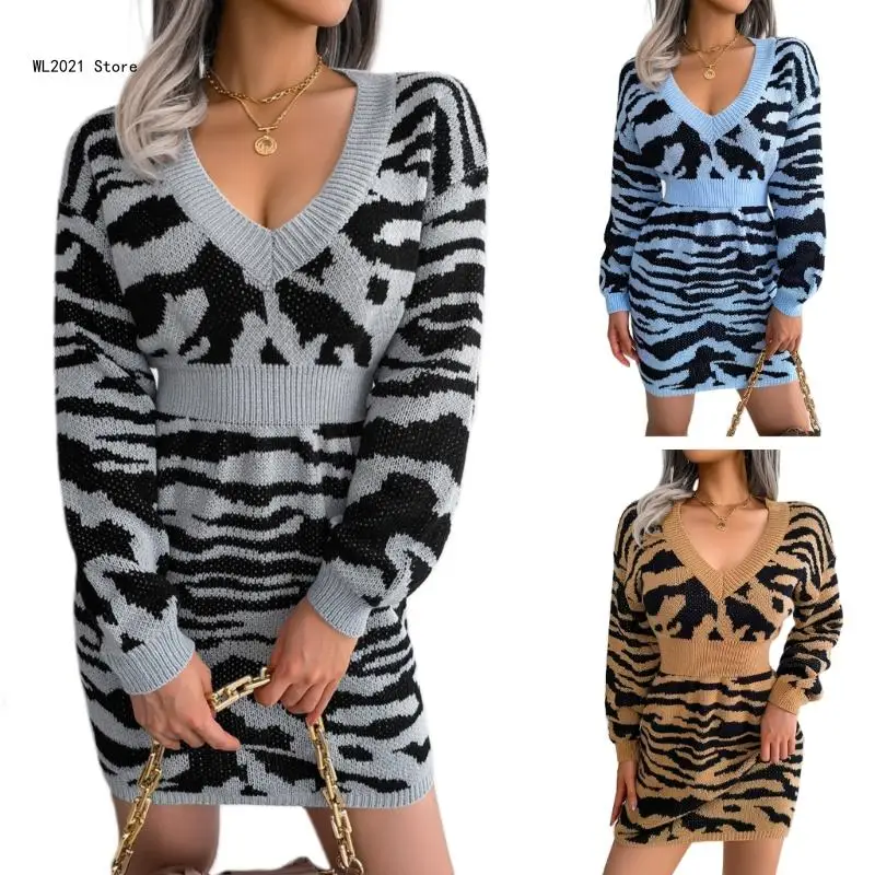 

Women Leopard V Neck Knit Sweater Dress Long Sleeve Bodycon Pullover Mini Dress