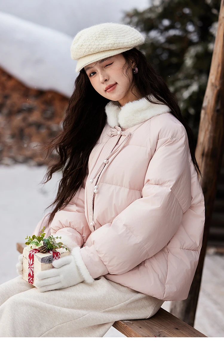 MISHOW Fur Collar Thick Women's Winter Down Jacket Spliced Pearl Single Breasted Pocket Duck Down Coats Office Lady MXD59Y0060
