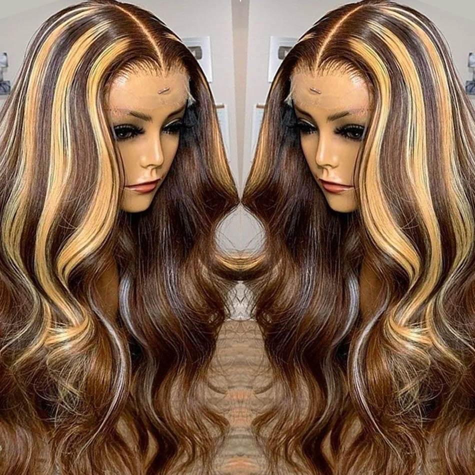 28 30 Inch Highlight Ombre Body Wave 13x4 Lace Front Human Hair Wigs Colored 4/27 Water Wave Frontal Wig For Women Preplucked
